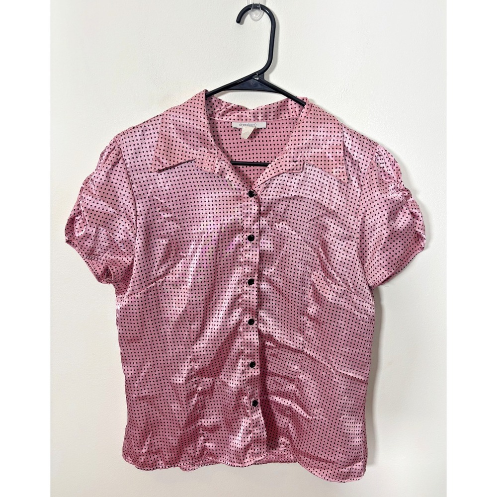 VTG Dressbarn Petite Black/Pink Polka Dot Silky Blouse Petite Large Button Up